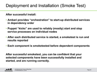Deployment and Installation (Smoke Test)
After successful install:

•  Ambari provides “orchestration” to start-up distributed services
   in dependency order

•  Puppet “kicks” are used to reliably (mostly) start and stop
   service processes on individual nodes

•  After each distributed service is started, a smoketest is run and
   results reported

•  Each component is smoketested before dependent components


After successful smoketest, you can be confident that your
selected components have been successfully installed and
started, and are running correctly.

       Architecting the Future of Big Data
                                                                  Page 25
       © Hortonworks Inc. 2012
 