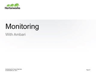 Monitoring
With Ambari




Architecting the Future of Big Data
                                      Page 27
© Hortonworks Inc. 2012
 