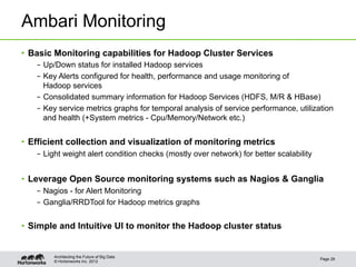 Ambari Monitoring
•  Basic Monitoring capabilities for Hadoop Cluster Services
   –  Up/Down status for installed Hadoop services
   –  Key Alerts configured for health, performance and usage monitoring of
      Hadoop services
   –  Consolidated summary information for Hadoop Services (HDFS, M/R & HBase)
   –  Key service metrics graphs for temporal analysis of service performance, utilization
      and health (+System metrics - Cpu/Memory/Network etc.)


•  Efficient collection and visualization of monitoring metrics
   –  Light weight alert condition checks (mostly over network) for better scalability


•  Leverage Open Source monitoring systems such as Nagios & Ganglia
   –  Nagios - for Alert Monitoring
   –  Ganglia/RRDTool for Hadoop metrics graphs


•  Simple and Intuitive UI to monitor the Hadoop cluster status


        Architecting the Future of Big Data
                                                                                         Page 29
        © Hortonworks Inc. 2012
 