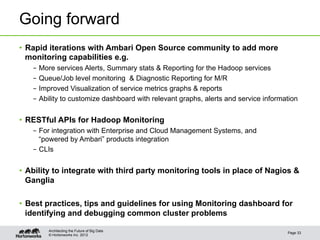 Going forward
•  Rapid iterations with Ambari Open Source community to add more
   monitoring capabilities e.g.
   –  More services Alerts, Summary stats & Reporting for the Hadoop services
   –  Queue/Job level monitoring & Diagnostic Reporting for M/R
   –  Improved Visualization of service metrics graphs & reports
   –  Ability to customize dashboard with relevant graphs, alerts and service information


•  RESTful APIs for Hadoop Monitoring
   –  For integration with Enterprise and Cloud Management Systems, and
      “powered by Ambari” products integration
   –  CLIs


•  Ability to integrate with third party monitoring tools in place of Nagios &
   Ganglia

•  Best practices, tips and guidelines for using Monitoring dashboard for
   identifying and debugging common cluster problems

        Architecting the Future of Big Data
                                                                                     Page 33
        © Hortonworks Inc. 2012
 