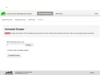 .




    Architecting the Future of Big Data
                                          Page 38
    © Hortonworks Inc. 2012
 