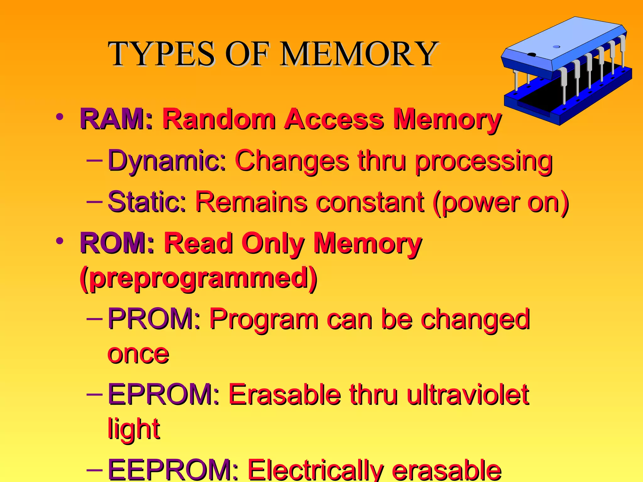 TYPES OF MEMORY RAM:   Random Access Memory Dynamic:  Changes thru processing Static:  Remains constant (power on) ROM:   Read Only Memory (preprogrammed) PROM:  Program can be changed once EPROM:  Erasable thru ultraviolet light EEPROM:  Electrically erasable * 