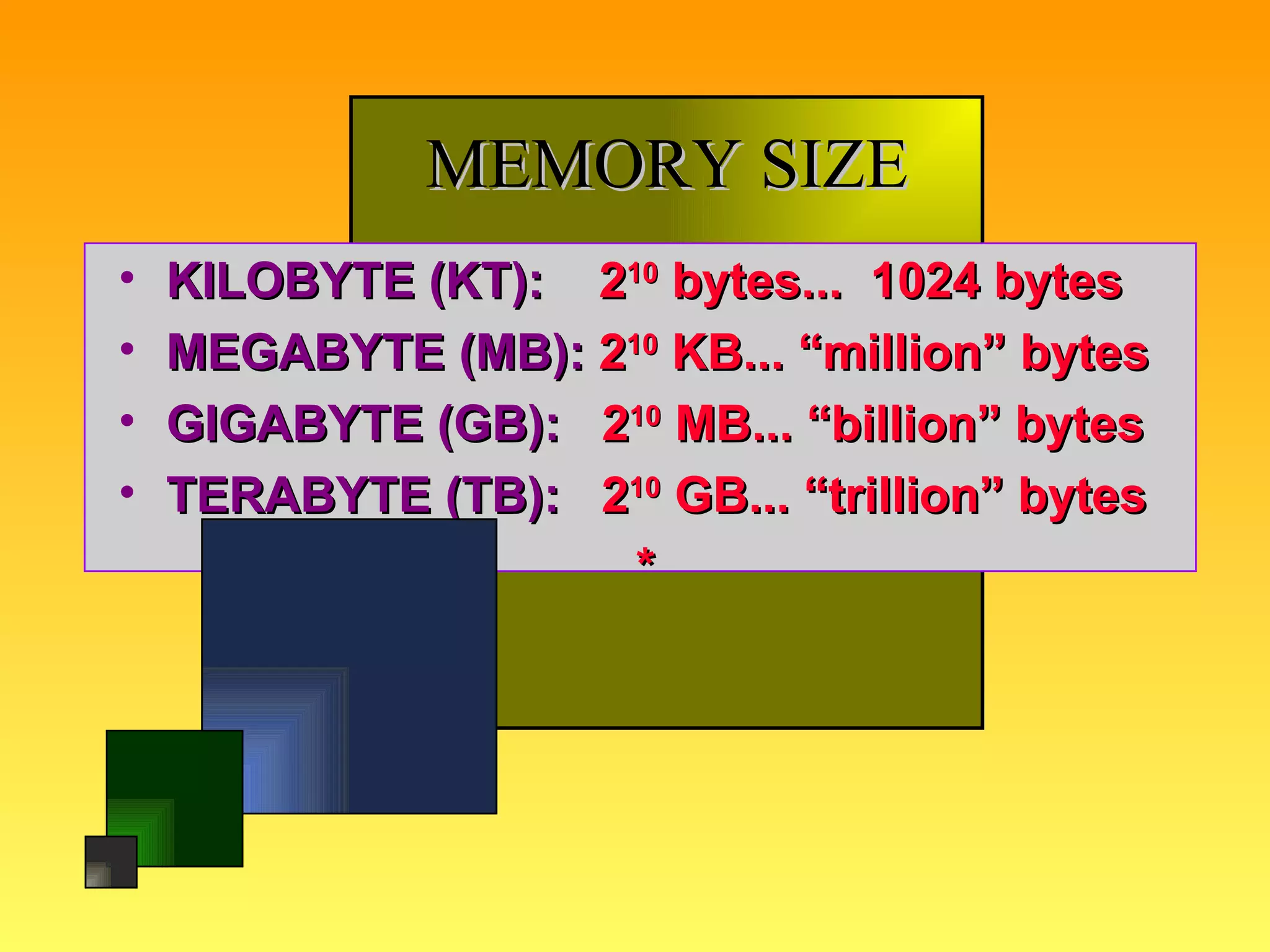 MEMORY SIZE KILOBYTE (KT):   2 10  bytes...  1024 bytes MEGABYTE (MB):   2 10  KB... “million” bytes GIGABYTE (GB):   2 10  MB... “billion” bytes TERABYTE (TB):   2 10  GB... “trillion” bytes * 
