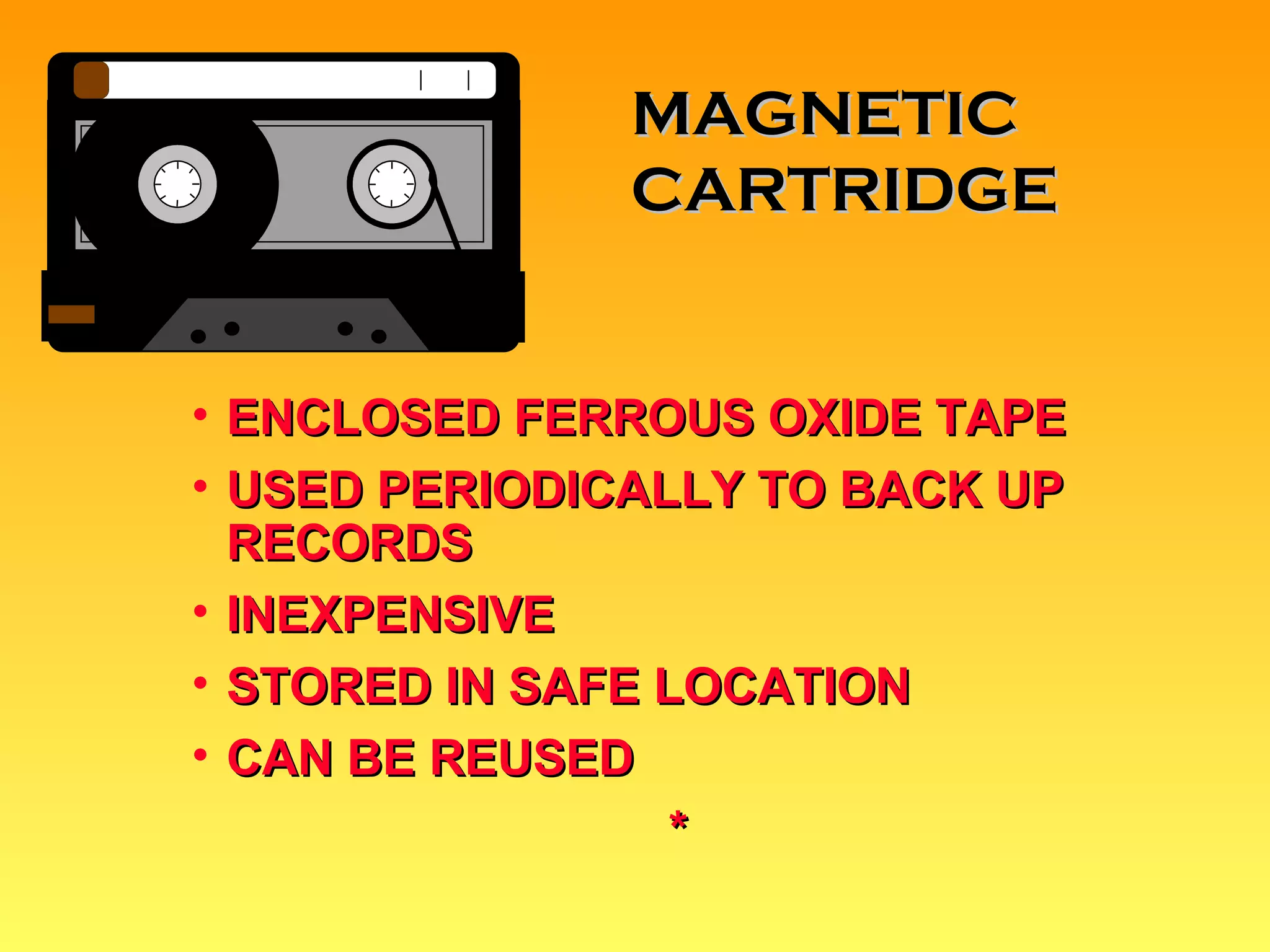 ENCLOSED FERROUS OXIDE TAPE USED PERIODICALLY TO BACK UP RECORDS INEXPENSIVE STORED IN SAFE LOCATION CAN BE REUSED * MAGNETIC  CARTRIDGE 