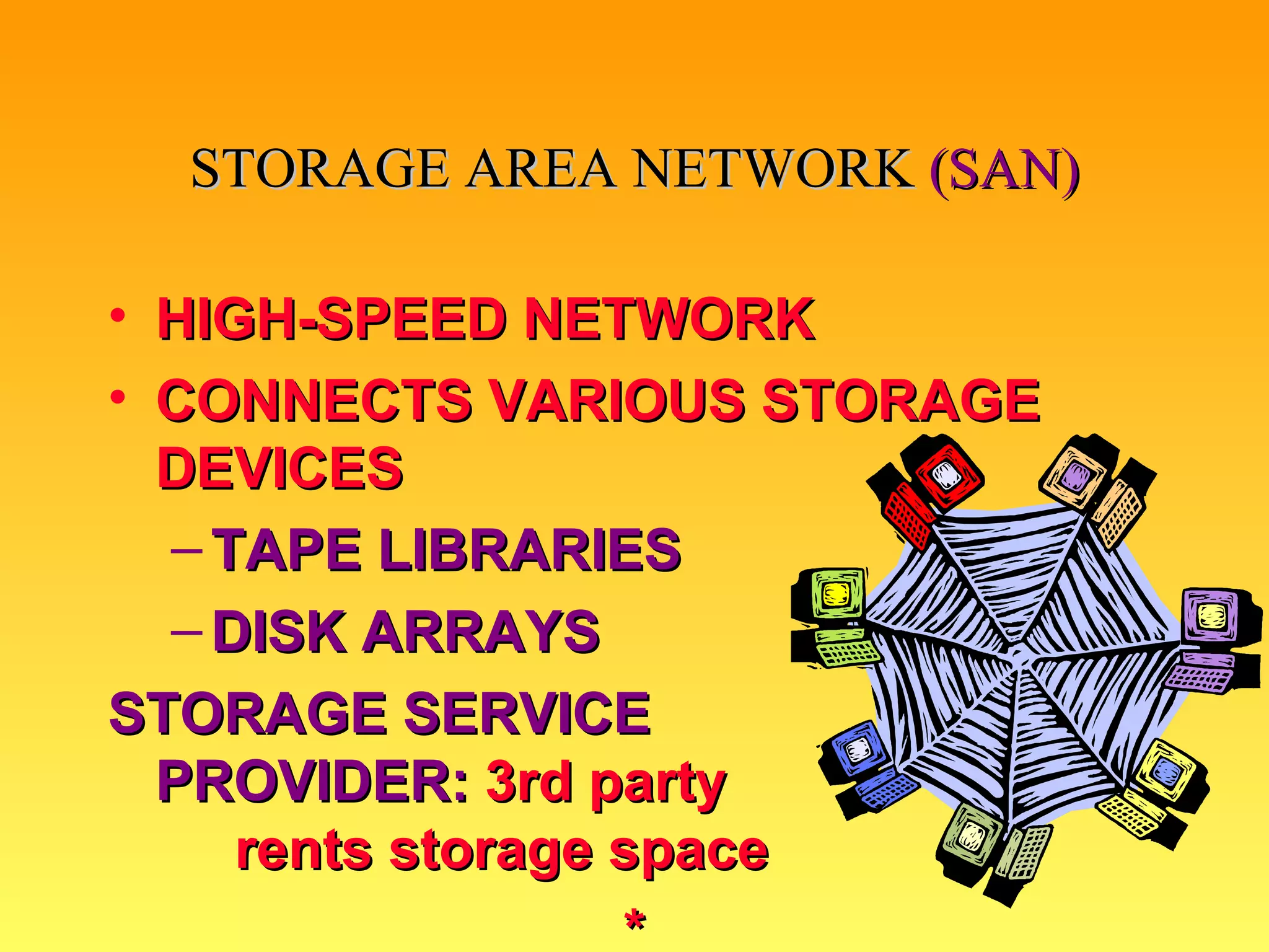 STORAGE AREA NETWORK  (SAN) HIGH-SPEED NETWORK CONNECTS VARIOUS STORAGE DEVICES TAPE LIBRARIES DISK ARRAYS STORAGE SERVICE  PROVIDER:  3rd party  rents storage space * 