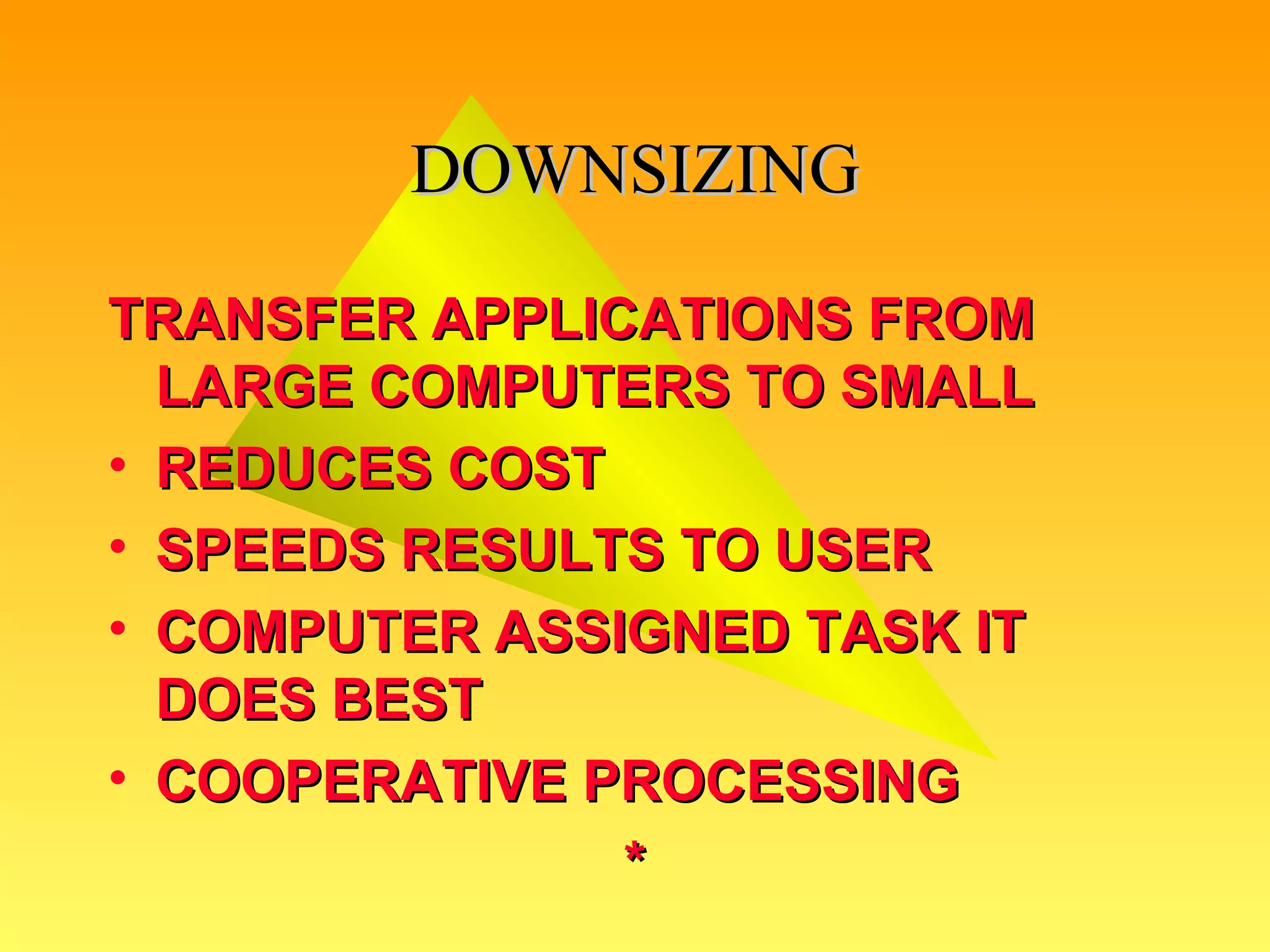 DOWNSIZING TRANSFER APPLICATIONS FROM LARGE COMPUTERS TO SMALL REDUCES COST SPEEDS RESULTS TO USER COMPUTER ASSIGNED TASK IT DOES BEST COOPERATIVE PROCESSING * 