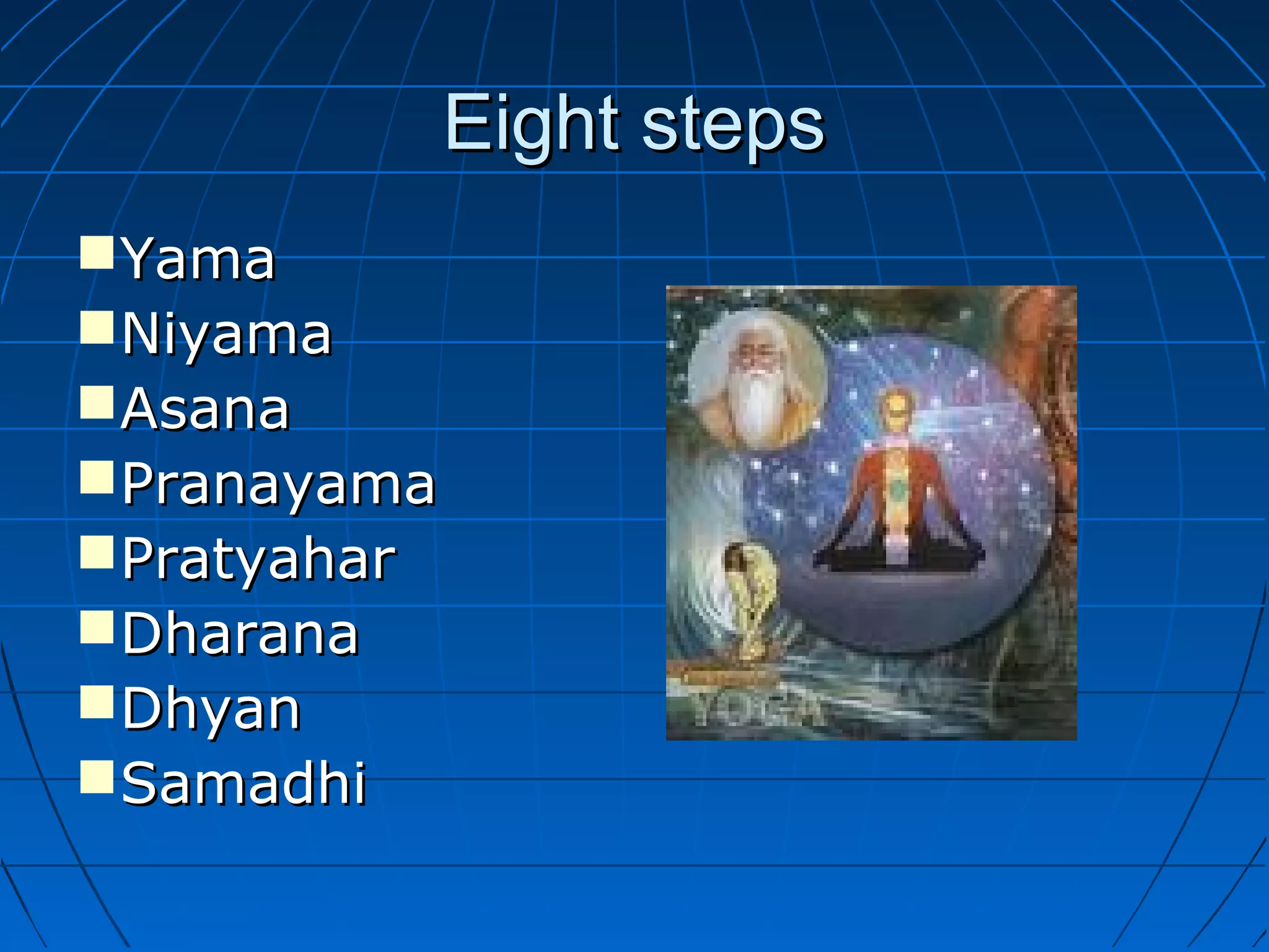 Eight stepsEight steps
YamaYama
NiyamaNiyama
AsanaAsana
PranayamaPranayama
PratyaharPratyahar
DharanaDharana
DhyanDhyan
SamadhiSamadhi
 