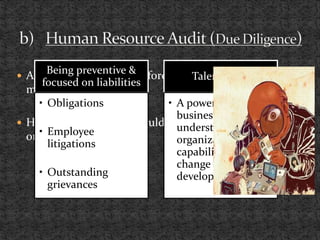  Audit should be done before starting
merger process
 Human capital audit should be focused
on 2 dimensions
Being preventive &
focused on liabilities
• Obligations
• Employee
litigations
• Outstanding
grievances
Talent audit
• A powerful tool for
business leaders to
understand an
organization's
capability to
change and
develop.
 