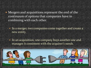 Mergers and acquisitions represent the end of the
continuum of options that companies have in
combining with each other.
 In a merger, two companies come together and create a
new entity.
 In an acquisition, one company buys another one and
manages it consistent with the acquirer’s needs.
 