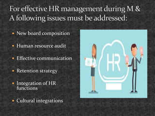  New board composition
 Human resource audit
 Effective communication
 Retention strategy
 Integration of HR
functions
 Cultural integrations
 
