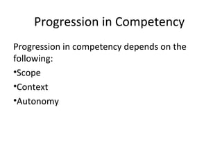 Progression in Competency
Progression in competency depends on the
following:
•Scope
•Context
•Autonomy
 