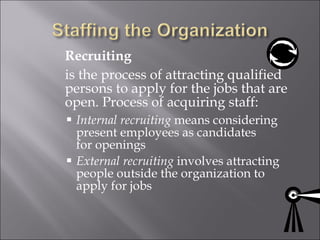 Recruiting   is the process of attracting qualified persons to apply for the jobs that are open. Process of acquiring staff: Internal recruiting  means considering present employees as candidates for openings External recruiting  involves attracting people outside the organization to  apply for jobs 