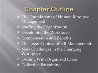 The Foundations of Human Resource Management Staffing the Organization Developing the Workforce Compensation and Benefits The Legal Context of HR Management New Challenges in the Changing Workplace Dealing With Organized Labor Collective Bargaining 