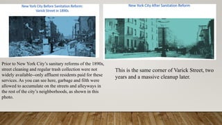 Prior to New York City’s sanitary reforms of the 1890s,
street cleaning and regular trash collection were not
widely available--only affluent residents paid for these
services. As you can see here, garbage and filth were
allowed to accumulate on the streets and alleyways in
the rest of the city’s neighborhoods, as shown in this
photo.
This is the same corner of Varick Street, two
years and a massive cleanup later.
 