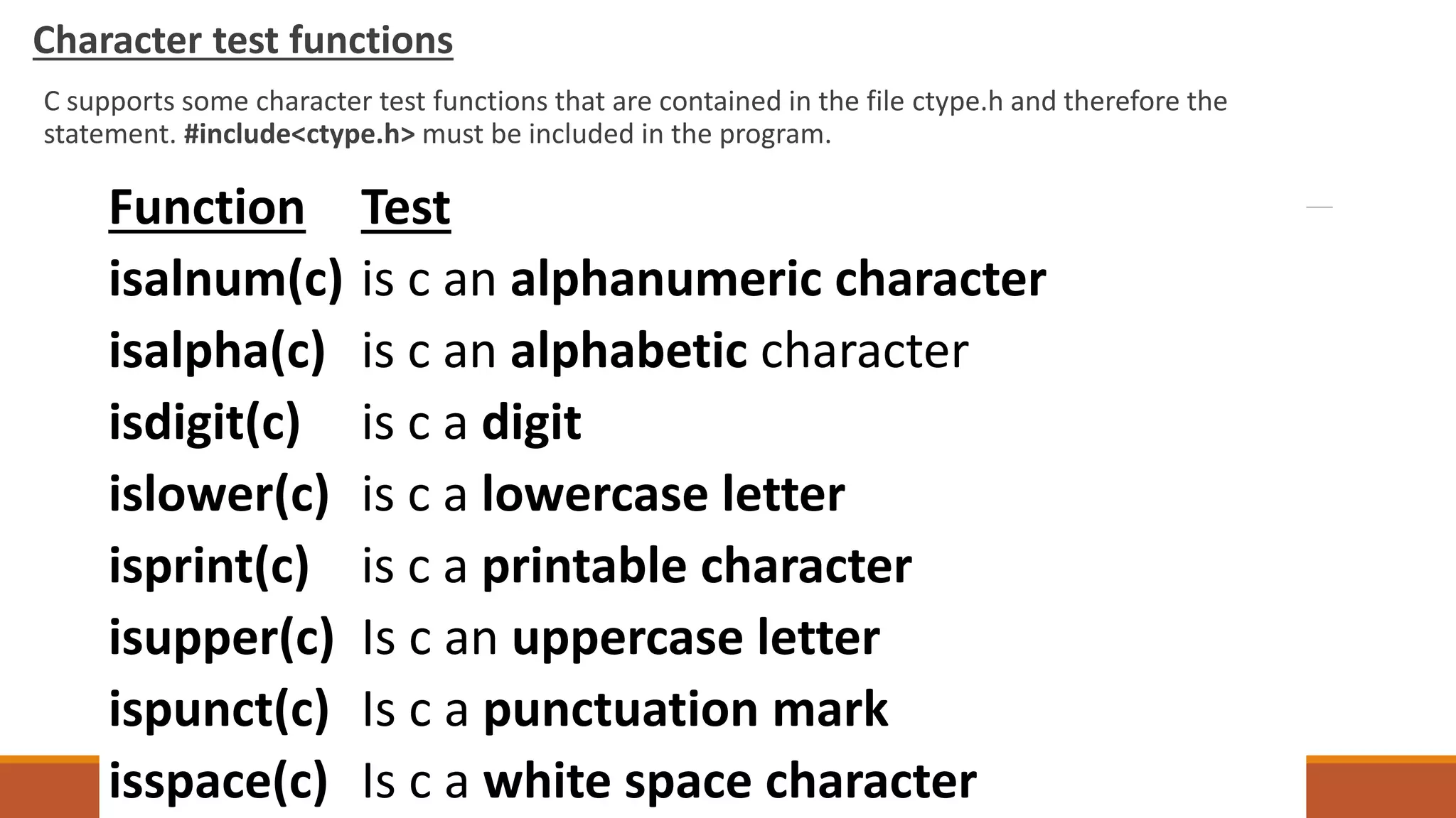 Character test functions C supports some character test functions that are contained in the file ctype.h and therefore the statement. #include<ctype.h> must be included in the program. Function Test isalnum(c) is c an alphanumeric character isalpha(c) is c an alphabetic character isdigit(c) is c a digit islower(c) is c a lowercase letter isprint(c) is c a printable character isupper(c) Is c an uppercase letter ispunct(c) Is c a punctuation mark isspace(c) Is c a white space character 