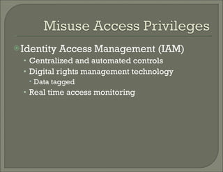Identity Access Management (IAM) Centralized and automated controls Digital rights management technology Data tagged  Real time access monitoring 