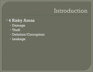 4 Risky Areas Damage Theft Deletion/Corruption Leakage  