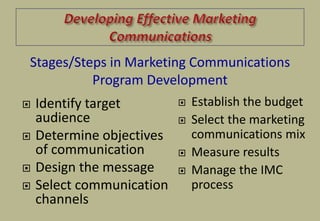  Identify target
audience
 Determine objectives
of communication
 Design the message
 Select communication
channels
 Establish the budget
 Select the marketing
communications mix
 Measure results
 Manage the IMC
process
Stages/Steps in Marketing Communications
Program Development
 
