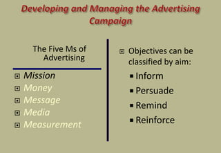 The Five Ms of
Advertising
 Mission
 Money
 Message
 Media
 Measurement
 Objectives can be
classified by aim:
 Inform
 Persuade
 Remind
 Reinforce
 