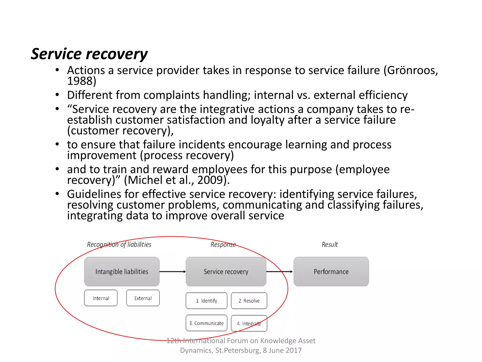 Service recovery
• Actions a service provider takes in response to service failure (Grönroos,
1988)
• Different from complaints handling; internal vs. external efficiency
• “Service recovery are the integrative actions a company takes to re-
establish customer satisfaction and loyalty after a service failure
(customer recovery),
• to ensure that failure incidents encourage learning and process
improvement (process recovery)
• and to train and reward employees for this purpose (employee
recovery)” (Michel et al., 2009).
• Guidelines for effective service recovery: identifying service failures,
resolving customer problems, communicating and classifying failures,
integrating data to improve overall service
12th International Forum on Knowledge Asset
Dynamics, St.Petersburg, 8 June 2017
 