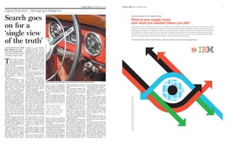 6                                                                                                                                                  FINANCIAL TIMES FRIDAY NOVEMBER 27 2009           FINANCIAL TIMES FRIDAY NOVEMBER 27 2009   7


Digital Business | Managing Intelligence

Search goes
on for a
‘single view
of the truth’
DISPLAYING THE INTELLIGENCE           or might not – be overheating?
                                         Software companies, however,
Ross Tieman says that,                understand the issues and are
first of all, organisations           working hard on how to extract
                                      information from data and reach
must find out who wants               what Richard Neale, marketing
or needs to know what                 director of SAP BusinessObjects,
                                      calls “a single view of the truth”.
                                         For mid-sized companies unen-



T
         he idea that you can keep    cumbered by a long tail of legacy
         tabs on how an organisa-     systems and data, or those willing
         tion is performing from a    to start again at square one, there
         desktop display while also   are software-as-a-service special-
focusing on its strategic direction   ists, such as NetSuite, capable of
is hugely appealing.                  providing a state-of-the-art system
  Every day, many of us do pre-       containing every byte of corporate
cisely this in a car: the dashboard   data, fully integrated, on a com-
monitors its systems and speed,       mon set of definitions, accessible
while helping the driver safely       at will.
negotiate the obstacles of a jour-       But abstracting information for
ney. Could similar displays not       a corporate, not-for-profit, or even
help in running a company, a          public sector dashboard display is
sales department, or a group of       also attainable.
hospitals?                               First, you have to discover who
  In theory, they can.                wants, or needs, to know what.
  Most industrial processes today        In a car there is a speedometer
are run by mouse-clicks – from        and a fuel gauge, possibly with
nuclear power stations to cloth-      information on fuel consumption,         Eyes on the dial: simple ‘dashboards’ can be a useful way to see real­time performance data              dreamstime
cutting machines. Corporate sys-      or distance until you next need to
tems store every digit of data cre-   fill the tank. But most of the other     user to “mine” the information,         graphs, thermometers, heat-maps        for-profits want the IT equivalent
ated, whether by the sales staff      dashboard data are displayed only        calling up detail to establish the      – just about any format the user       of the forward-looking radar that
logging their calls, the accounts     if needed, as an alert – such as         nature and cause of the problem         prefers.                               some car-makers have trialled.
clerks issuing invoices, the          when the cooling system fails or a       to which they are being alerted.          What business intelligence data        As Mr Rayner says: “You need
machines doing the manufactur-        seat-belt is unbuckled.                  An alert could relate to inventory      add is the ability to explore the      more performance management
ing or the purchasing manager            Business intelligence displays        levels, risk, cash balances or even     information easily with mouse          applications to help people model
placing orders for materials.         need to follow the same precepts.        a cost or time over-run on a            clicks to discover what happened,      options.” This is where a lot of
  Yet these glorious, information-    They have to provide appropriate         project.                                where, and why.                        corporate IT investment is now
rich data are so often compart-       “mission critical” information for         That list highlights the impor-         A typical NetSuite display is        going, he says.
mentalised in fragmented systems,     all; to enable users to call up infor-   tance of delivering relevant infor-     presented on a series of tabs, with      But if you are going to start
each designed to serve a particular   mation relevant to their role or         mation to the responsible individ-      pages that might include a meter,      making decisions about business
business or organisational func-      task; and to provide appropriate         ual. To be valuable, it has to con-     top selling items as a bar chart,      strategy based upon conclusions
tion. Bolting them together to turn   alerts when things go wrong.             tain signals that the recipient may     key performance indicators that        drawn from computer software
data into information about corpo-    There is no one-size-fits-all system.    need to act upon. The IT boss may       provide pop-up graphs, and com-        you need clean data, and answers
rate or organisational performance       In a car, every driver is engaged     need to know if the system is           parative sales as a chart with vari-   to current questions, rather than
can be an IT chief’s nightmare.       in a similar task, but in a com-                                                 able time-spans. If you have relia-    whatever the system was set up to
  It might seem as though a few       pany, some users – typically the                                                 ble real-time data, you can sort       measure five years ago.
wires and some simple software        chief executive or finance chief –       ‘Most organisations                     and display it any way you like.         “Most organisations have far too
could enable data to flow seam-       need access to a broad range of          have far too many                         As IBM’s Mr Fuessler says, if a      many metrics, without being able
lessly between systems, enabling      information, while a departmental                                                retail company’s sales fall, it is     to plot cause and effect relation-
the chief executive to see the        head might be interested in partic-      metrics, without being                  handy to be able to uncover            ships,” Mr Rayner says. “These
basics, such as sales, deliveries,
and how much cash the business
                                      ular sub-sets of data. Almost eve-
                                      rybody also needs alerts relating
                                                                               able to plot cause and                  quickly that it happened because
                                                                                                                       of a holiday in Boston that closed
                                                                                                                                                              are pure business problems, and
                                                                                                                                                              more technology is not the
is using, when they log-on in the     to their own areas of responsibil-       effect relationships’                   three stores, for example, and is      answer.”
morning.                              ity.                                                                             not the start of an alarming trend.      So departmental bosses have to
  Yet Bill Fuessler, IBM Global          That information, as distinct                                                 Inadequate information can lead        sit down together and agree the
Financial Management Lead for         from data, may have to reach             likely to crash, but it’s the finance   to false conclusions.                  questions they want answered,
business consulting, says this can    them wherever they are. Mr Neale,        director who cares about the cash         Nigel Rayner, research vice-pres-    and what they want to measure to
prove stunningly difficult. “One of   at SAP, says that increasingly,          balances, while the IT department       ident at Gartner, says: “When you      get them.
the biggest issues is getting com-    dashboards are being delivered           overrunning its budget may mat-         get the dashboard in, that is when       To move from mere dashboards
monality of data definition,” he      not just on desktops, but on             ter to both.                            you start to get awkward ques-         to directing the course of an
says. “And that problem will last     mobile devices, including smart-           The desktop remains the presen-       tions. The chief executive can see     organisation by drawing on all the
for several years more.”              phones.                                  tation location of choice because       revenue is going down, or up, but      information squirreled within its
  Standards, and even digital defi-      The latest generation of SAP          the size of its display permits a lot   doesn’t know why. Dashboards are       systems, Mr Rayner elaborates a
nitions of commonplace business       BusinessObjects software enables         of information to be shown.             always about reporting. They           four-stage process. Start by moni-
words, may differ in the sales        users to have “widgets” on their           Historically, many organisations      don’t help you make decisions.”        toring performance, set up an
department from those used in         desktops that highlight particular       have relied on Excel spreadsheets         By definition, dashboards only       enterprise metric framework, and
marketing, or finance. Combine        features of organisational perform-      or Microsoft Office tools to present    present current or historic data.      add analytic and modelling capa-
the data sets, and the “informa-      ance.                                    business information to users.          But decision-makers want to be         bilities with performance manage-
tion” simply doesn’t add up. What        It can also deliver a sophisti-         Today, using modern software,         able to predict the future. People     ment applications. Only then, he
chief executive would drive a car     cated alert to a smartphone, as a        the information can be displayed        running large companies, public-       says, can you go develop a pat-
whose dashboard said it might –       graphic display that enables the         in the form of gauges, pie-charts,      sector organisations and even not-     tern-based business strategy.
 