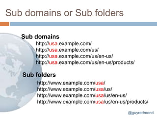 Sub domains or Sub folders

   Sub domains
       http://usa.example.com/
       http://usa.example.com/us/
       http://usa.example.com/us/en-us/
       http://usa.example.com/us/en-us/products/

   Sub folders
       http://www.example.com/usa/
       http://www.example.com/usa/us/
       http://www.example.com/usa/us/en-us/
       http://www.example.com/usa/us/en-us/products/

                                             @guyredmond
 