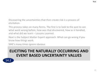 ELICITING THE NATURALLY OCCURRING AND
EVENT BASED UNCERTAINTY VALUES
Discovering the uncertainties that then create risk i...