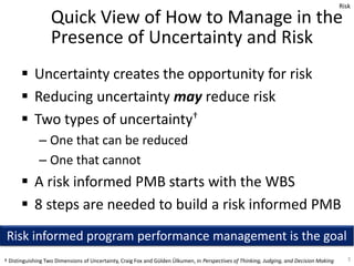  Uncertainty creates the opportunity for risk
 Reducing uncertainty may reduce risk
 Two types of uncertainty†
– One th...