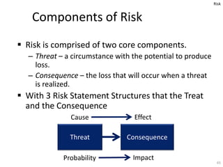 Components of Risk
 Risk is comprised of two core components.
– Threat – a circumstance with the potential to produce
los...