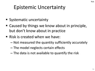  Systematic uncertainty
 Caused by things we know about in principle,
but don’t know about in practice
 Risk is created...
