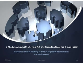 ‫بين‬ ‫پيش‬ ‫قابل‬ ‫غير‬ ‫و‬ ‫بودن‬ ‫فرار‬ ‫اثر‬ ‫بر‬ ‫محيط‬ ‫يك‬ ‫پيوستگي‬ ‫عدم‬ ‫به‬ ‫اشاره‬ ‫آشفتگي‬
‫دارد‬ ‫بودن‬ ‫بيني‬ ‫پيش‬ ‫قابل‬ ‫غير‬ ‫و‬ ‫بودن‬ ‫فرار‬ ‫اثر‬ ‫بر‬ ‫محيط‬ ‫يك‬ ‫پيوستگي‬ ‫عدم‬ ‫به‬ ‫اشاره‬ ‫آشفتگي‬
‫دارد‬ ‫بودن‬ ‫ي‬
Turbulence refers to volatility or difficult-to-predict discontinuities
in an environment
‫تابستان‬
1401 ‫ابهام‬ ‫در‬ ‫مديريت‬ 19
 