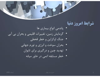 ‫دنيا‬ ‫امروز‬ ‫شرايط‬
•
‫ها‬ ‫بيماري‬ ‫انواع‬ ‫پاندمي‬
•
‫بي‬ ‫بحران‬ ‫و‬ ‫اقليمي‬ ‫تغييرات‬ ،‫زمين‬ ‫گرمايش‬
‫آبي‬
•
‫قحطي‬ ‫خطر‬ ‫و‬ ‫اوكراين‬ ‫جنگ‬
•
‫جهاني‬ ‫تورم‬ ‫و‬ ‫انرژي‬ ‫و‬ ‫سوخت‬ ‫بحران‬
•
‫تايوان‬ ‫براي‬ ‫درگيري‬ ‫و‬ ‫چين‬ ‫تهديد‬
•
‫ميانه‬ ‫خاور‬ ‫در‬ ‫اتمي‬ ‫مسابقه‬ ‫خطر‬
‫تابستان‬
1401 ‫ابهام‬ ‫در‬ ‫مديريت‬ 2
 