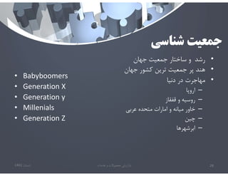 ‫شناسي‬ ‫جمعيت‬
• Babyboomers
• Generation X
• Generation y
• Millenials
• Generation Z
•
‫رشد‬
‫جهان‬ ‫جمعيت‬ ‫ساختار‬ ‫و‬
•
‫جهان‬ ‫كشور‬ ‫ترين‬ ‫جمعيت‬ ‫پر‬ ‫هند‬
•
‫دنيا‬ ‫در‬ ‫مهاجرت‬
–
‫اروپا‬
–
‫قفقاز‬ ‫و‬ ‫روسيه‬
–
‫عربي‬ ‫متحده‬ ‫امارات‬ ‫و‬ ‫ميانه‬ ‫خاور‬
–
‫چين‬
–
‫ابرشهرها‬
‫تابستان‬
1401 ‫خدمات‬ ‫و‬ ‫محصوﻻت‬ ‫بازاريابي‬ 28
 