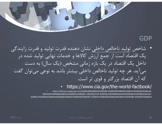 GDP
•
‫شاخص‬
‫داخلي‬ ‫ناخالص‬ ‫توليد‬
‫زاي‬ ‫قدرت‬ ‫و‬ ‫توليد‬ ‫قدرت‬ ‫دهنده‬ ‫نشان‬
‫ندگي‬
‫در‬ ‫شده‬ ‫توليد‬ ‫نهايي‬ ‫خدمات‬ ‫و‬ ‫كاﻻها‬ ‫ارزش‬ ‫جمع‬ ‫از‬ ‫است‬ ‫اقتصاد‬ ‫يك‬
‫مشخص‬ ‫زماني‬ ‫بازه‬ ‫يك‬ ‫در‬ ‫اقتصاد‬ ‫يك‬ ‫داخل‬
)
‫سال‬ ‫يك‬
(
‫دست‬ ‫به‬
‫آيد‬‫مي‬
.
‫توا‬‫مي‬ ‫نوعي‬ ‫به‬ ‫باشد‬ ‫بيشتر‬ ‫داخلي‬ ‫ناخالص‬ ‫توليد‬ ‫چه‬ ‫هر‬
‫گفت‬ ‫ن‬
‫است‬ ‫تر‬ ‫قوي‬ ‫و‬ ‫بزرگتر‬ ‫اقتصاد‬ ‫آن‬ ‫كه‬
.
• https://www.cia.gov/the-world-factbook/
• https://donya-e-eqtesad.com/%D8%A8%D8%AE%D8%B4-%D8%B3%DB%8C%D8%A7%D8%B3%D8%AA-
%DA%AF%D8%B0%D8%A7%D8%B1%DB%8C-100/3691533-%D8%B1%D9%86%DA%A9%DB%8C%D9%86%DA%AF-
%D8%A7%D9%82%D8%AA%D8%B5%D8%A7%D8%AF%DB%8C-%D8%A7%D8%B3%D8%AA%D8%A7%D9%86-%D9%87%D8%A7
‫تابستان‬
1401 ‫خدمات‬ ‫و‬ ‫محصوﻻت‬ ‫بازاريابي‬ 30
 