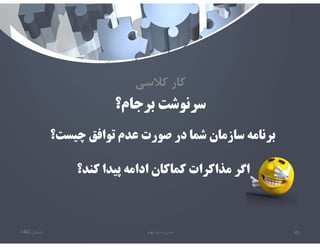 ‫برجام؟‬ ‫سرنوشت‬
‫كﻼسي‬ ‫كار‬
‫تابستان‬
1401 ‫ابهام‬ ‫در‬ ‫مديريت‬ 45
‫چيست؟‬ ‫توافق‬ ‫عدم‬ ‫صورت‬ ‫در‬ ‫شما‬ ‫سازمان‬ ‫برنامه‬
‫كند؟‬ ‫پيدا‬ ‫ادامه‬ ‫كماكان‬ ‫مذاكرات‬ ‫اگر‬
 