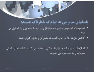 ‫هستند‬ ‫خطرناك‬ ‫كه‬ ‫ابهام‬ ‫به‬ ‫مديريتي‬ ‫پاسخهاي‬
:
•
‫تحلي‬ ‫را‬ ‫محوري‬ ‫فرهنگ‬ ‫و‬ ‫استراتژي‬ ‫كه‬ ‫منابع‬ ‫تخصيص‬ ‫تصميمات‬
‫مي‬ ‫ل‬
‫برند‬
•
‫شده‬ ‫گيري‬ ‫اندازه‬ ‫و‬ ‫متمركز‬ ‫اقدامات‬ ‫جاي‬ ‫به‬ ‫ها‬ ‫هزينه‬ ‫كاهش‬
•
‫صاحبان‬ ‫اما‬ ،‫كنند‬ ‫مي‬ ‫حفظ‬ ‫را‬ ‫نقدينگي‬ ‫جريان‬ ‫كه‬ ‫سريع‬ ‫اصﻼحات‬
‫اصلي‬
‫اندازند‬ ‫مي‬ ‫مخاطره‬ ‫به‬ ‫را‬ ‫سرمايه‬
‫تابستان‬
1401 ‫ابهام‬ ‫در‬ ‫مديريت‬ 47
 