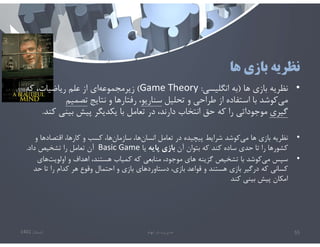 ‫ها‬ ‫بازي‬ ‫نظريه‬
•
‫ها‬ ‫بازي‬ ‫نظريه‬
)
‫انگليسي‬ ‫به‬
:
Game Theory
(
‫كه‬ ،‫رياضيات‬ ‫علم‬ ‫از‬ ‫اي‬‫زيرمجموعه‬
‫تحليل‬ ‫و‬ ‫طراحي‬ ‫از‬ ‫استفاده‬ ‫با‬ ‫كوشد‬‫مي‬
‫سناريو‬
‫نتايج‬ ‫و‬ ‫رفتارها‬ ،
‫تصميم‬
‫گيري‬
‫ك‬ ‫بيني‬ ‫پيش‬ ‫يكديگر‬ ‫با‬ ‫تعامل‬ ‫در‬ ،‫دارند‬ ‫انتخاب‬ ‫حق‬ ‫كه‬ ‫را‬ ‫موجوداتي‬
‫ند‬
.
•
‫و‬ ‫اقتصادها‬ ،‫كارها‬ ‫و‬ ‫كسب‬ ،‫ها‬‫سازمان‬ ،‫ها‬‫انسان‬ ‫تعامل‬ ‫در‬ ‫پيچيده‬ ‫شرايط‬ ‫كوشد‬‫مي‬ ‫ها‬ ‫بازي‬ ‫نظريه‬
‫آن‬ ‫بتوان‬ ‫كه‬ ‫كند‬ ‫ساده‬ ‫حدي‬ ‫تا‬ ‫را‬ ‫كشورها‬
‫پايه‬ ‫بازي‬
‫يا‬
Basic Game
‫داد‬ ‫تشخيص‬ ‫را‬ ‫تعامل‬ ‫آن‬
.
•
‫هاي‬‫اولويت‬ ‫و‬ ‫اهداف‬ ،‫هستند‬ ‫كمياب‬ ‫كه‬ ‫منابعي‬ ،‫موجود‬ ‫هاي‬ ‫گزينه‬ ‫تشخيص‬ ‫با‬ ‫كوشد‬‫مي‬ ‫سپس‬
‫حد‬ ‫تا‬ ‫را‬ ‫كدام‬ ‫هر‬ ‫وقوع‬ ‫احتمال‬ ‫و‬ ‫بازي‬ ‫دستاوردهاي‬ ،‫بازي‬ ‫قواعد‬ ‫و‬ ‫هستند‬ ‫بازي‬ ‫درگير‬ ‫كه‬ ‫كساني‬
‫كند‬ ‫بيني‬ ‫پيش‬ ‫امكان‬
‫تابستان‬
1401 ‫ابهام‬ ‫در‬ ‫مديريت‬ 55
 
