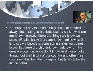 United States Secretary of Defense Donald Rumsfeld
• Reports that say that something hasn't happened are
always interesting to me, because as we know, there
are known knowns; there are things we know we
know. We also know there are known unknowns; that
is to say we know there are some things we do not
know. But there are also unknown unknowns—the
ones we don't know we don't know. And if one looks
throughout the history of our country and other free
countries, it is the latter category that tends to be the
difficult ones.
‫تابستان‬
1401 ‫ابهام‬ ‫در‬ ‫مديريت‬ 6
 