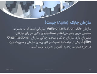 ‫چابك‬ ‫سازمان‬
(Agile)
‫چيست؟‬
‫چابك‬ ‫سازمان‬
Agile organization
‫تغييرات‬ ‫به‬ ‫كه‬ ‫است‬ ‫سازماني‬
‫نيازهاي‬ ‫رفع‬ ‫در‬ ‫باﻻيي‬ ‫پذيري‬‫انعطاف‬ ‫و‬ ‫دهد‬‫مي‬ ‫پاسخ‬ ‫سريع‬ ‫محيطي‬
‫دارد‬ ‫مشتريان‬
.
‫سازمان‬
‫سازمان‬ ‫چابكي‬ ‫مبحث‬ ‫و‬ ‫چابك‬
Organizational
Agility
‫در‬ ‫اهميت‬ ‫با‬ ‫مباحث‬ ‫از‬ ‫يكي‬
‫مديريت‬ ‫و‬ ‫سازمان‬ ‫هاي‬‫تئوري‬
‫بويژ‬
‫ه‬
‫حوزه‬ ‫در‬
‫تامين‬ ‫زنجيره‬ ‫مديريت‬
‫و‬
‫توليد‬ ‫مديريت‬
‫است‬
.
‫تابستان‬
1401 ‫ابهام‬ ‫در‬ ‫مديريت‬ 65
 