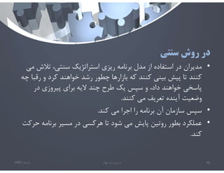 ‫سنتي‬ ‫روش‬ ‫در‬
•
‫تﻼش‬ ،‫سنتي‬ ‫استراتژيك‬ ‫ريزي‬ ‫برنامه‬ ‫مدل‬ ‫از‬ ‫استفاده‬ ‫در‬ ‫مديران‬
‫مي‬
‫رق‬ ‫و‬ ‫كرد‬ ‫خواهند‬ ‫رشد‬ ‫چطور‬ ‫بازارها‬ ‫كه‬ ‫كنند‬ ‫بيني‬ ‫پيش‬ ‫تا‬ ‫كنند‬
‫چه‬ ‫با‬
‫در‬ ‫پيروزي‬ ‫براي‬ ‫ﻻيه‬ ‫چند‬ ‫طرح‬ ‫يك‬ ‫سپس‬ ‫و‬ ،‫داد‬ ‫خواهند‬ ‫پاسخي‬
‫كنند‬ ‫مي‬ ‫تعريف‬ ‫آينده‬ ‫وضعيت‬
.
•
‫كند‬ ‫مي‬ ‫اجرا‬ ‫را‬ ‫برنامه‬ ‫آن‬ ‫سازمان‬ ‫سپس‬
.
•
‫ح‬ ‫برنامه‬ ‫مسير‬ ‫در‬ ‫هركسي‬ ‫تا‬ ‫شود‬ ‫مي‬ ‫پايش‬ ‫روتين‬ ‫بطور‬ ‫عملكرد‬
‫ركت‬
‫كند‬
.
‫تابستان‬
1401 ‫ابهام‬ ‫در‬ ‫مديريت‬ 70
 