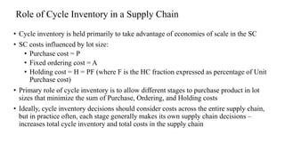 Role of Cycle Inventory in a Supply Chain
• Cycle inventory is held primarily to take advantage of economies of scale in the SC
• SC costs influenced by lot size:
• Purchase cost = P
• Fixed ordering cost = A
• Holding cost = H = PF (where F is the HC fraction expressed as percentage of Unit
Purchase cost)
• Primary role of cycle inventory is to allow different stages to purchase product in lot
sizes that minimize the sum of Purchase, Ordering, and Holding costs
• Ideally, cycle inventory decisions should consider costs across the entire supply chain,
but in practice often, each stage generally makes its own supply chain decisions –
increases total cycle inventory and total costs in the supply chain
 