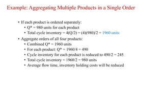 Example: Aggregating Multiple Products in a Single Order
• If each product is ordered separately:
• Q* = 980 units for each product
• Total cycle inventory = 4(Q/2) = (4)(980)/2 = 1960 units
• Aggregate orders of all four products:
• Combined Q* = 1960 units
• For each product: Q* = 1960/4 = 490
• Cycle inventory for each product is reduced to 490/2 = 245
• Total cycle inventory = 1960/2 = 980 units
• Average flow time, inventory holding costs will be reduced
 