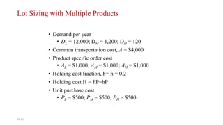 10-30
Lot Sizing with Multiple Products
• Demand per year
• DL = 12,000; DM = 1,200; DH = 120
• Common transportation cost, A = $4,000
• Product specific order cost
• AL = $1,000; AM = $1,000; AH = $1,000
• Holding cost fraction, F= h = 0.2
• Holding cost H = FP=hP
• Unit purchase cost
• PL = $500; PM = $500; PH = $500
 