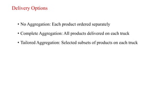 Delivery Options
• No Aggregation: Each product ordered separately
• Complete Aggregation: All products delivered on each truck
• Tailored Aggregation: Selected subsets of products on each truck
 