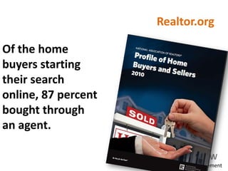 Realtor.org

Of the home
buyers starting
their search
online, 87 percent
bought through
an agent.

                        amyCHOREW
                     inspire train implement
 