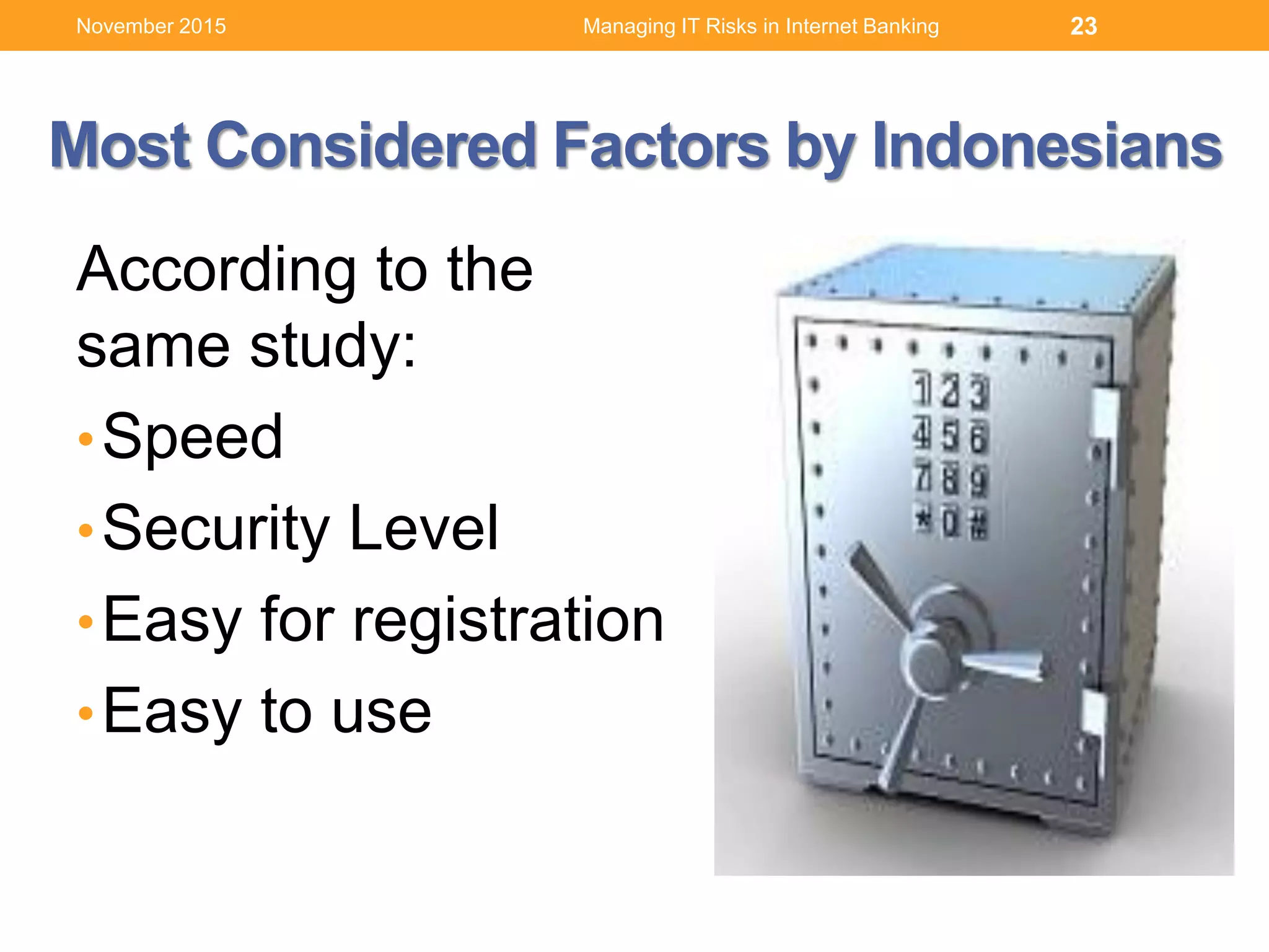 Most Considered Factors by Indonesians
According to the
same study:
•Speed
•Security Level
•Easy for registration
•Easy to use
Managing IT Risks in Internet Banking 23November 2015
 
