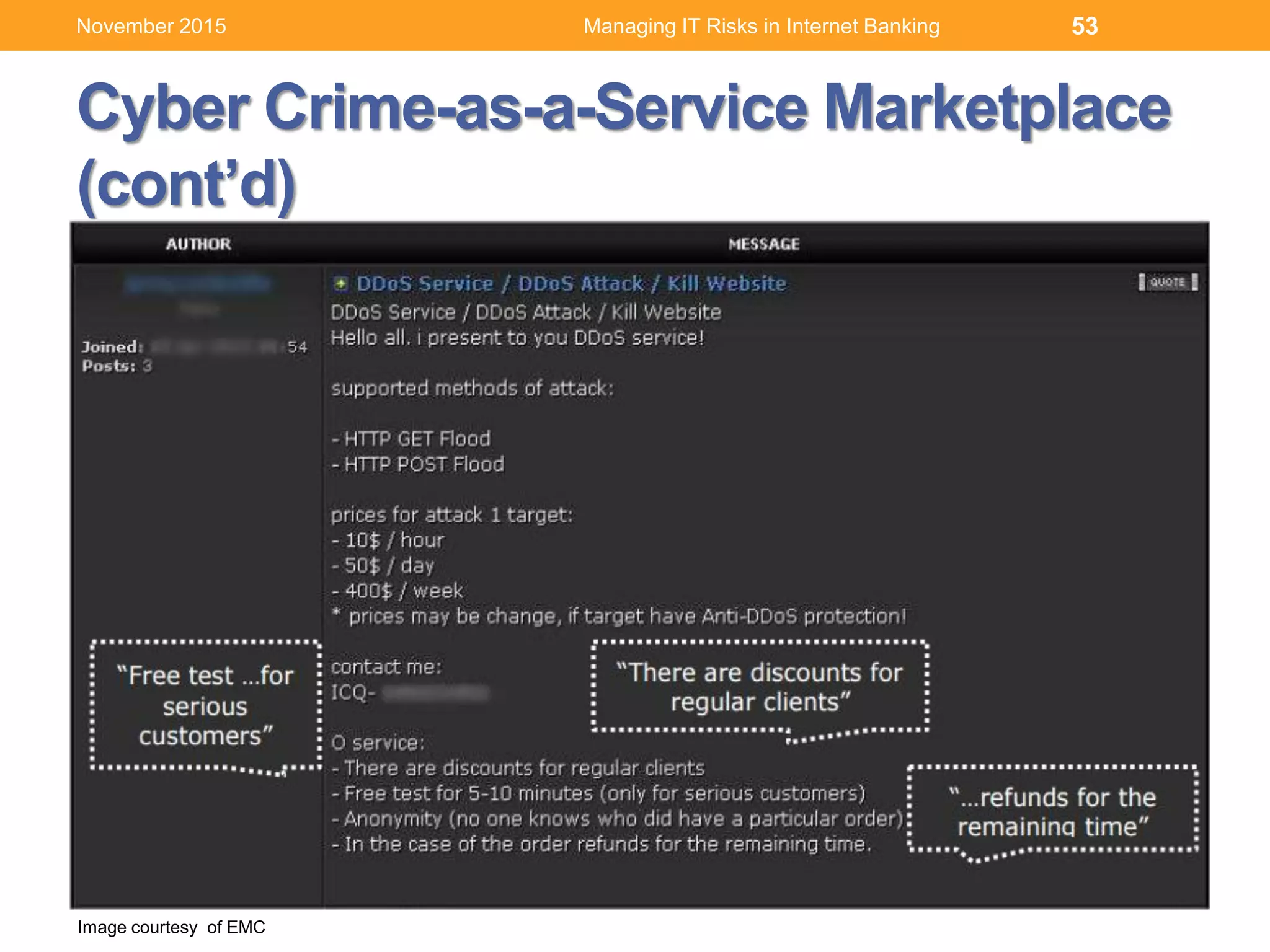 Cyber Crime-as-a-Service Marketplace
(cont’d)
53
Image courtesy of EMC
Managing IT Risks in Internet BankingNovember 2015
 
