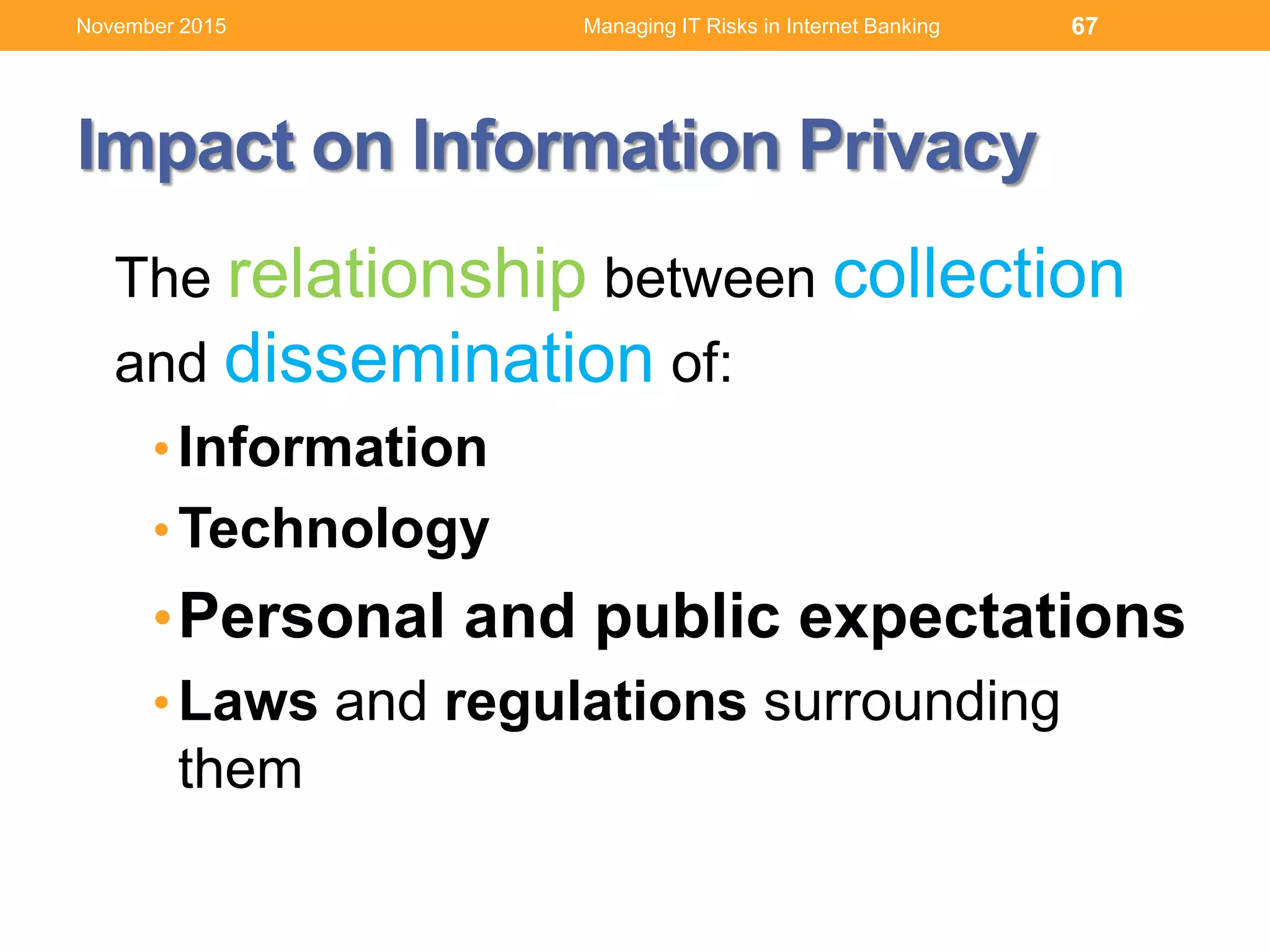 Impact on Information Privacy
The relationship between collection
and dissemination of:
•Information
•Technology
•Personal and public expectations
•Laws and regulations surrounding
them
67Managing IT Risks in Internet BankingNovember 2015
 