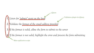 jQuery

                                                             Validation plugin for jQuery
1. Listen for ‘submit’ event on the form
2. Validate the format of the email address provided
3. If the format is valid, allow the form to submit to the server
4. If the format is not valid, highlight the error and prevent the form submitting
       Main application script
 