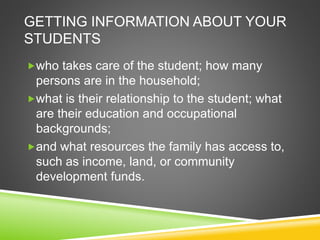 GETTING INFORMATION ABOUT YOUR 
STUDENTS 
who takes care of the student; how many 
persons are in the household; 
what is their relationship to the student; what 
are their education and occupational 
backgrounds; 
and what resources the family has access to, 
such as income, land, or community 
development funds. 
 